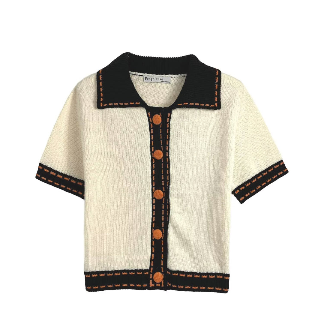 Damen Kurzarmpullover mit kontrastierenden Details EB