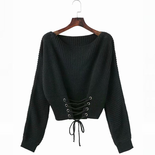 Damen Pullover mit tiefem Rückenausschnitt und dekorativen Schnürdetails EB
