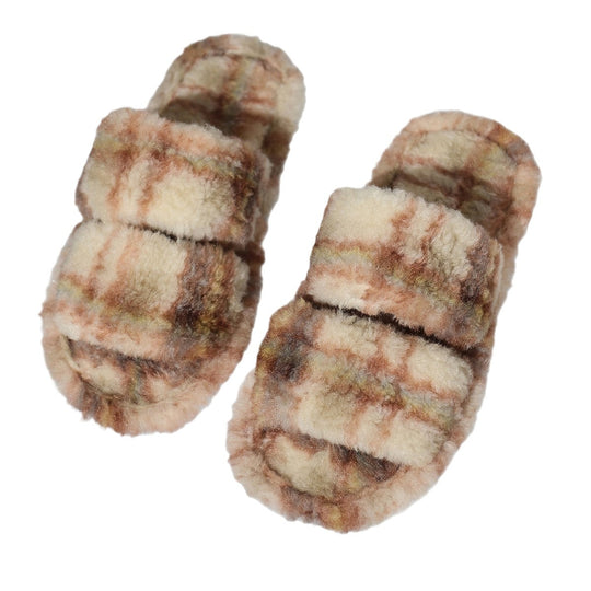 Damen bequeme Hausschuhe aus flauschigem Material mit doppeltem Riemen EB