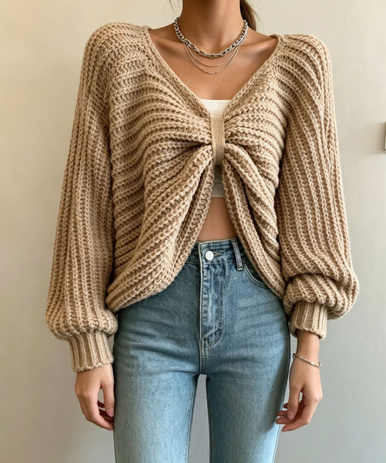 Damen Cropped Strickcardigan mit Knotendetail und Ballonärmeln EB