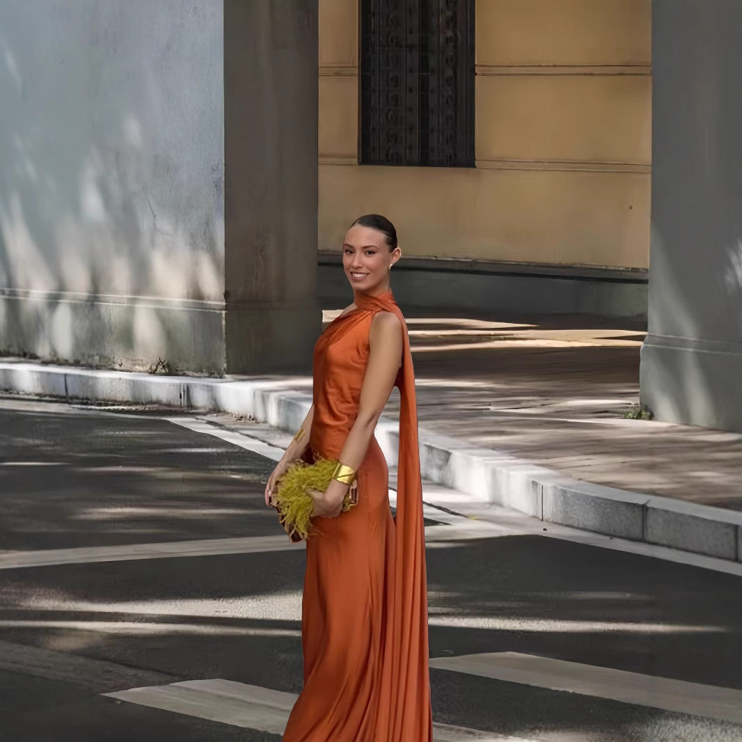 Damen Elegantes und fließendes Abendkleid mit asymmetrischem Ausschnitt EB