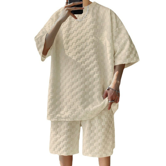 Unisex nan übergroßes Freizeit-Set aus strukturierter Waffelqualität mit Rundhalsausschnitt und locker sitzender Bermudashorts EB