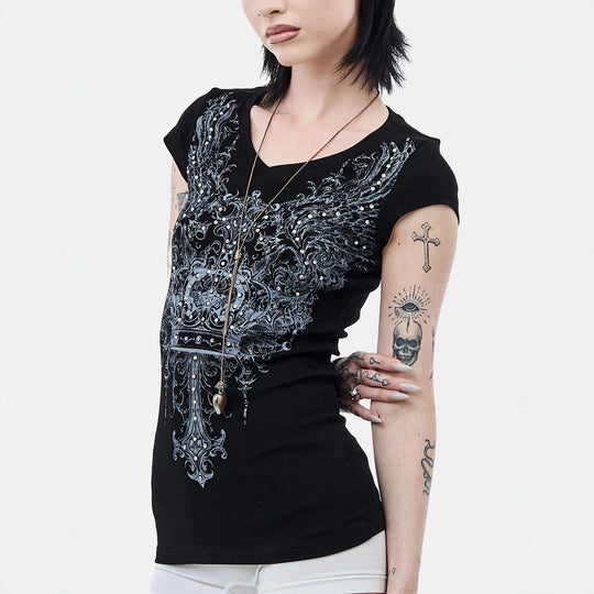 Damen V-Ausschnitt T-Shirt mit extravaganten Grafiken EB
