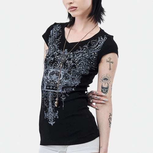 Damen V-Ausschnitt T-Shirt mit extravaganten Grafiken EB