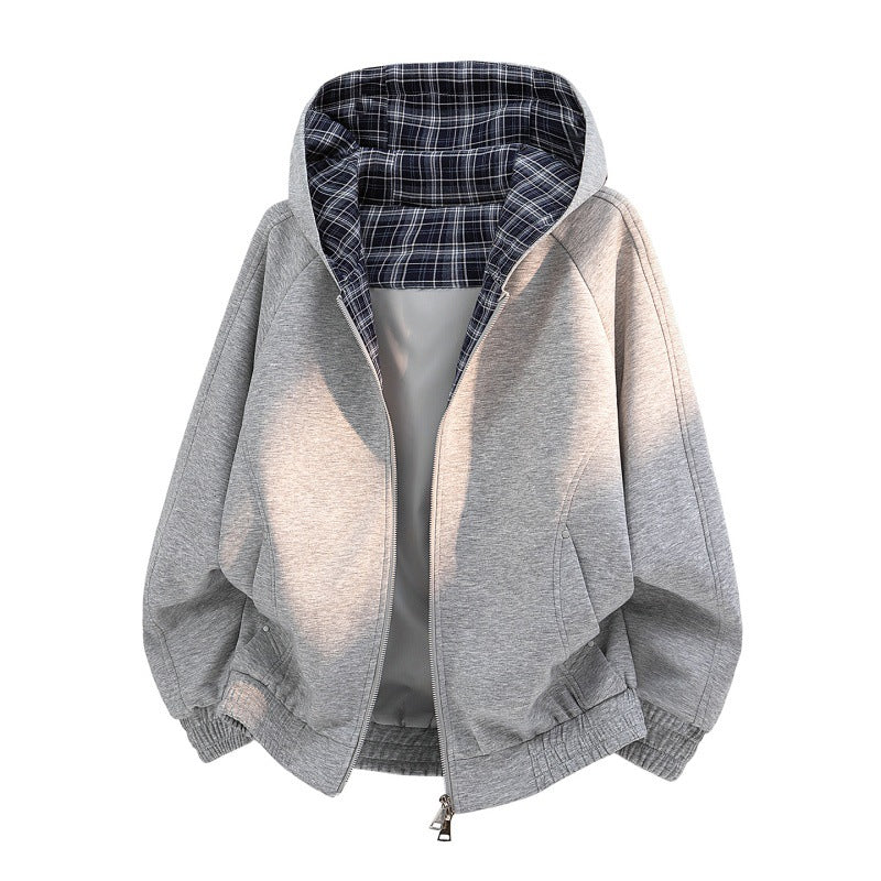 Damen lässiger Sweat-Bomber mit gesteppter Karofütterung in Kapuze und elastischem Saum EB