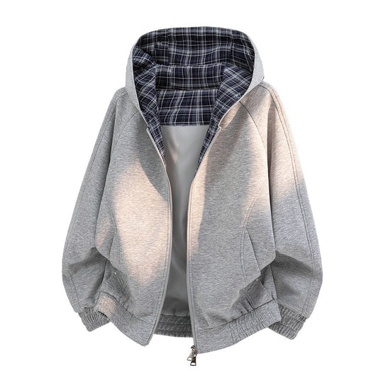 Damen lässiger Sweat-Bomber mit gesteppter Karofütterung in Kapuze und elastischem Saum EB