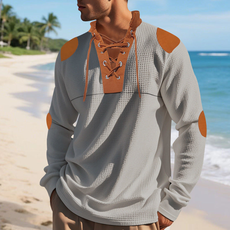 Herren lässiges Langarm-Henley-Shirt mit ausgefallenem Schnürdesign und kontrastrierenden Ellenbogen-Patches EB