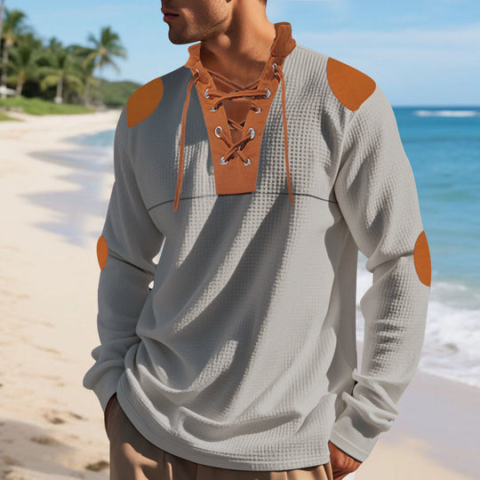 Herren lässiges Langarm-Henley-Shirt mit ausgefallenem Schnürdesign und kontrastrierenden Ellenbogen-Patches EB