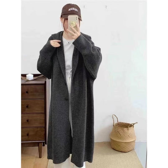 Damen Langer Strickcardigan mit Kapuze und praktischen Knöpfen EB