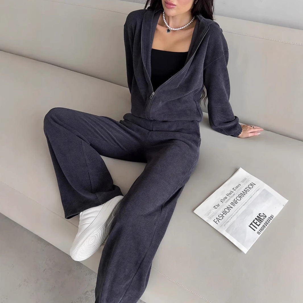 Damen nan kurzes Kapuzen-Loungewear-Set mit durchgehendem Reißverschluss, elastischem Komfortbund und gerippter Struktur EB