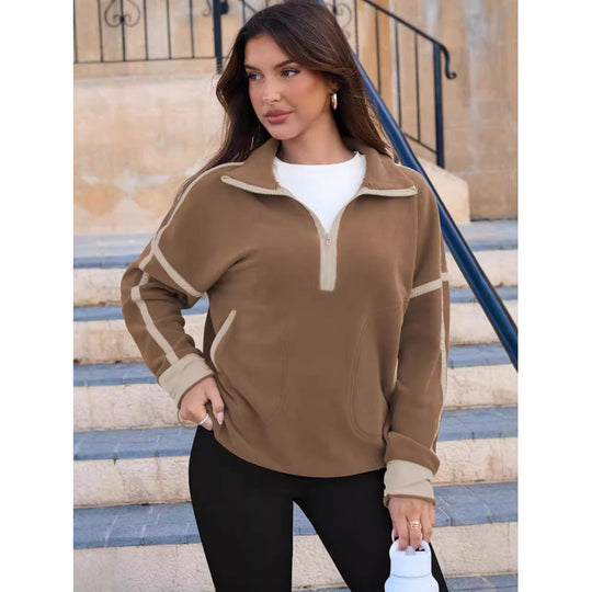 Damen Fleecpullover mit halbem Reißverschluss und kontrastierenden Ärmeln EB