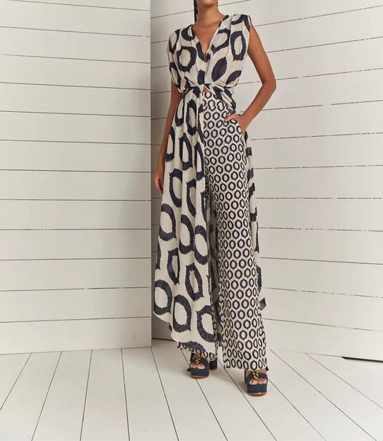 Damen Eleganter Jumpsuit mit Wickelgürtel und geometrischem Muster EB