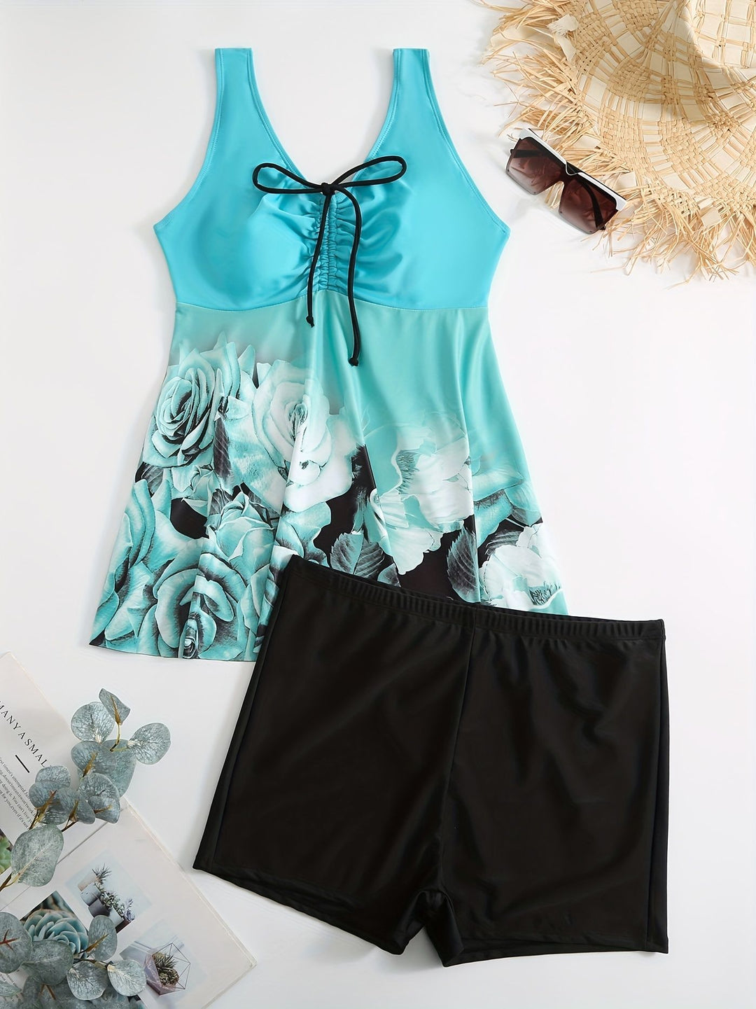 Damen Badeanzug mit Hohem Schnitt und Blumendruck EB