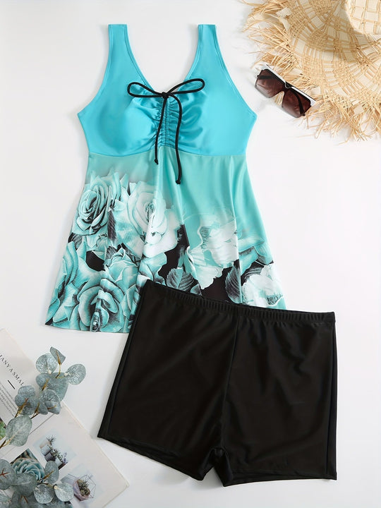Damen Badeanzug mit Hohem Schnitt und Blumendruck EB