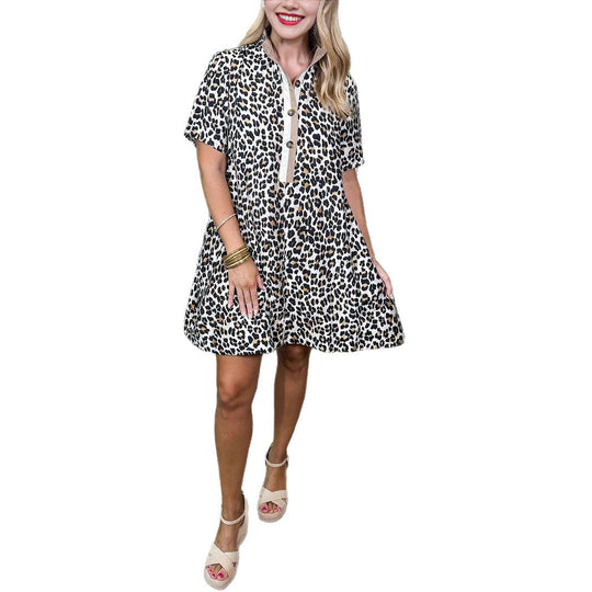 Damen Kleid mit modernem Kragen und stylischem Tierdruck EB