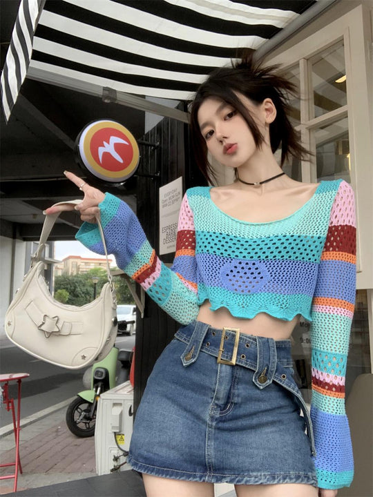 Damen luftiges Strickoberteil mit bunten Lochmuster EB