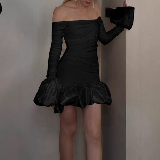 Damen Romantisches Off-Shoulder Minikleid mit Puffärmeln und Rüschensaum EB
