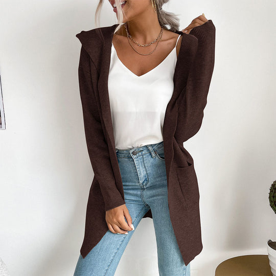 Damen Langärmlige Strickjacke mit Kapuze und seitlichen Taschen EB