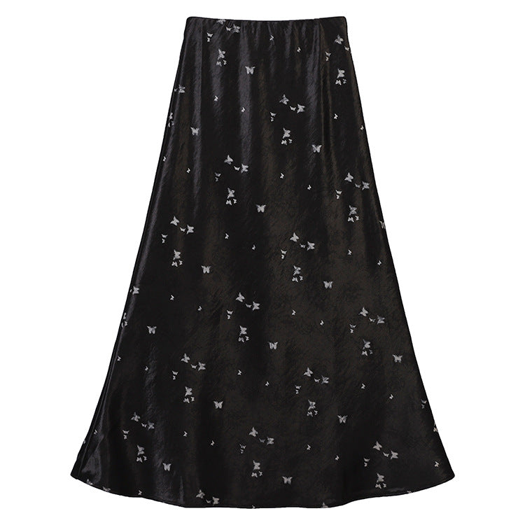Damen  A-Linien Midirock aus Jacquard-Satin mit floralen und Schmetterlingsreliefs EB