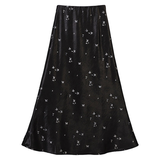 Damen  A-Linien Midirock aus Jacquard-Satin mit floralen und Schmetterlingsreliefs EB