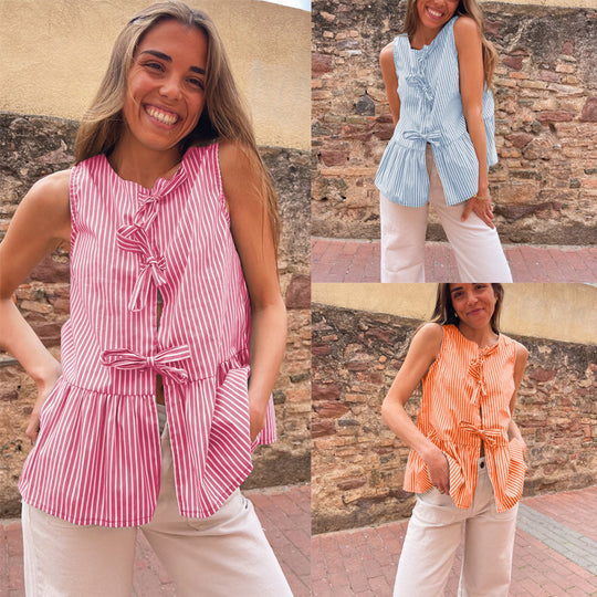 Damen Verspieltes Blusentop mit Bindeakzenten und Taschen EB