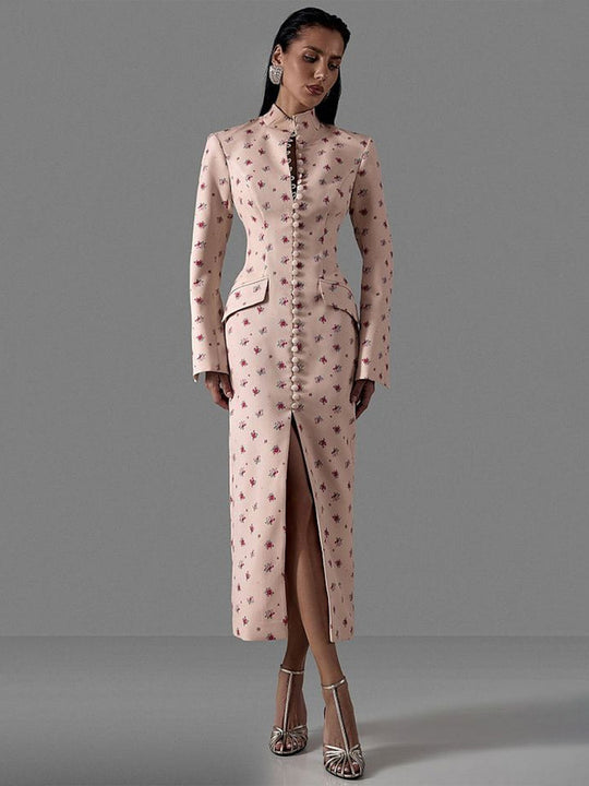 Damen Elegantes Langarmkleid mit floralem Muster und hochgeschlossenem Kragen EB