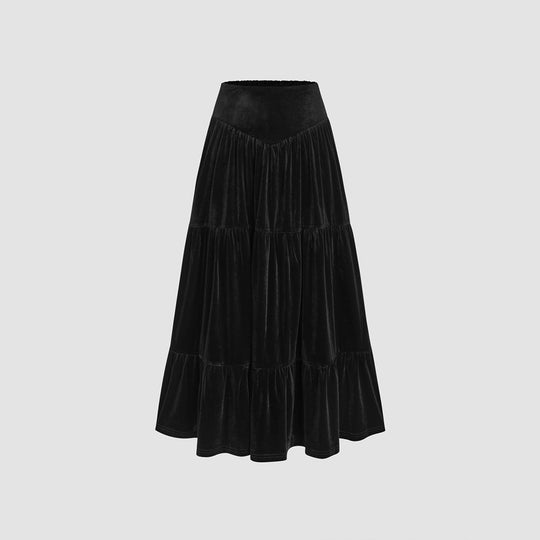 Damen Samtiges zweiteiliges Set mit gerafftem Bustier-Crop und stufigem Midirock Eichborn Berlin