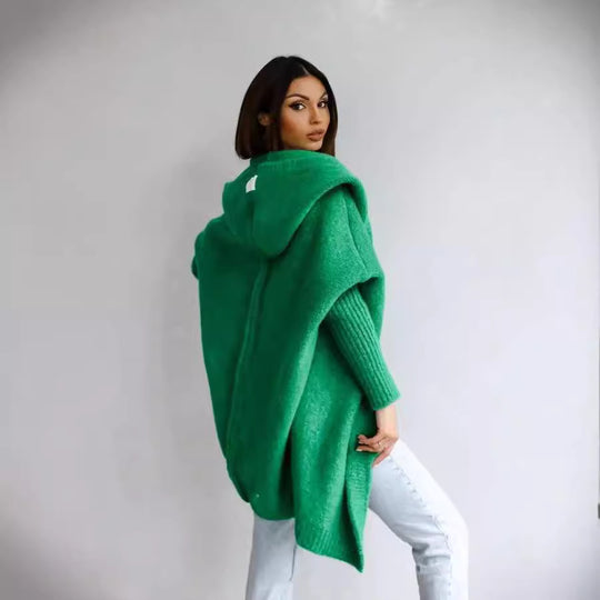Damen kuschelige Strickjacke mit Kapuze und offenem Schnitt EB