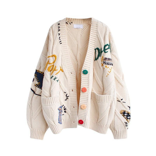 Damen gefütterter Strickcardigan mit bunten Knöpfen und einzigartigem Design EB
