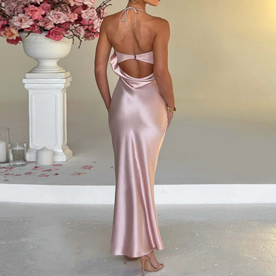 Damen elegantes Satin-Abendkleid mit dünnen Trägern EB