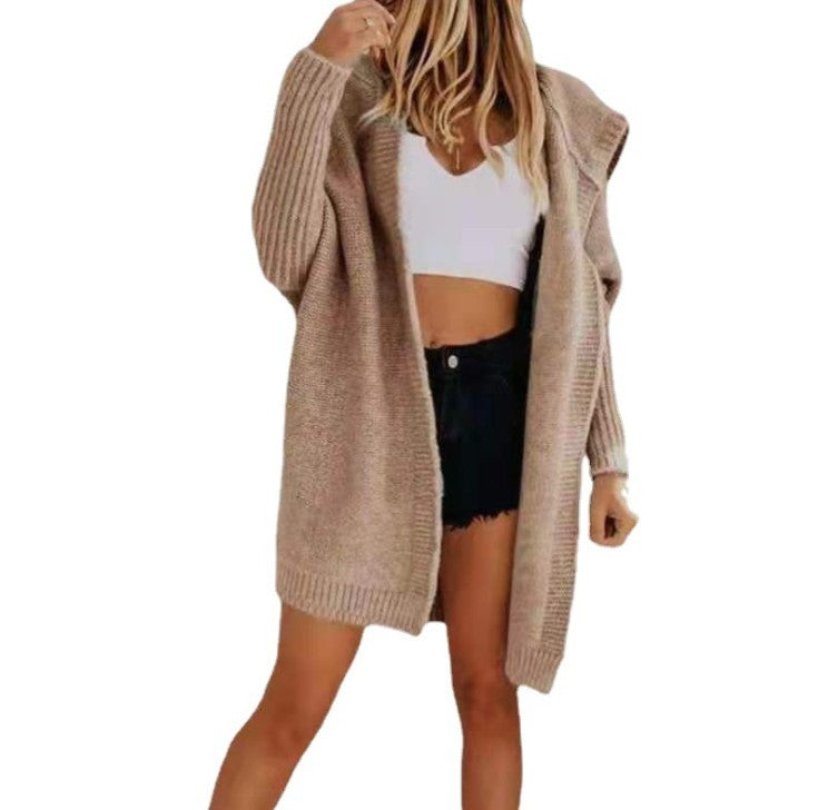 Damen Modische Strickjacke mit Kapuze und offenen Ärmeln EB