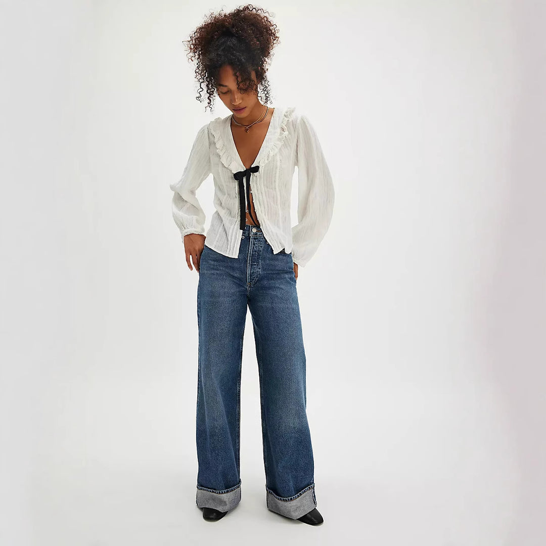 Damen Weit geschnittene High-Waist Jeans mit modischem Saum EB