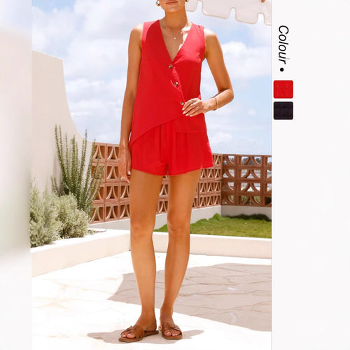 Damen lässiges Sommer-Outfit mit V-Ausschnitt und asymmetrischem Schnitt EB
