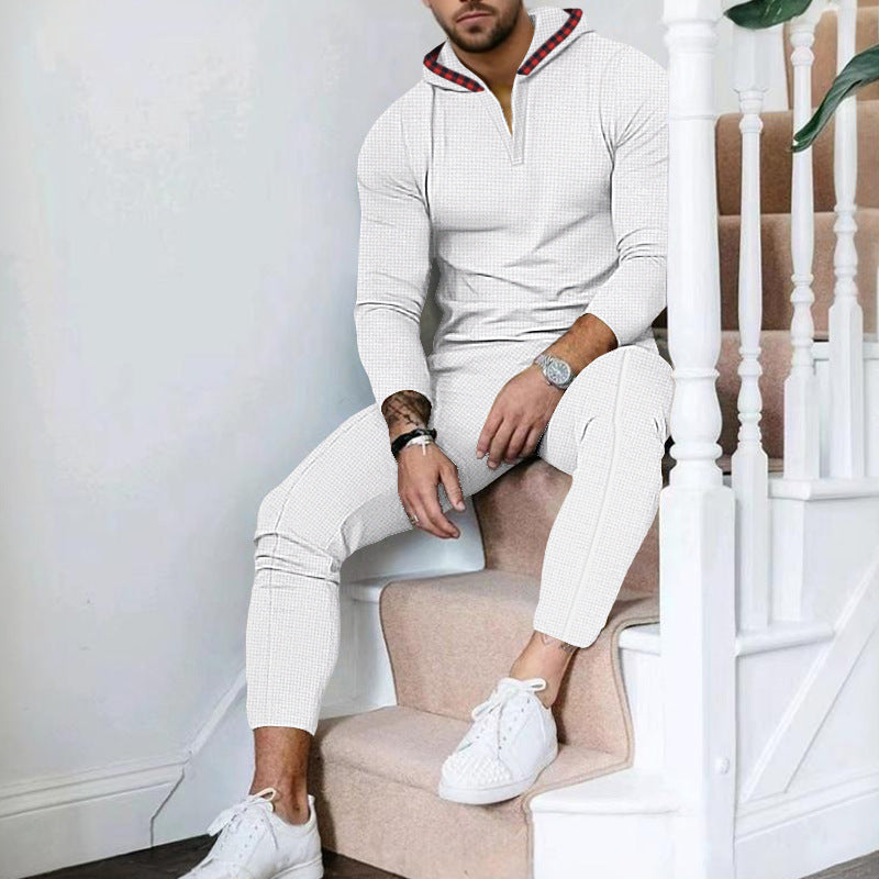 Herren nan Slim-Fit Waffel-Strick Kapuzen-Set mit Halbzip, kontrastgefütterter Kapuze und tapered Jogginghose EB