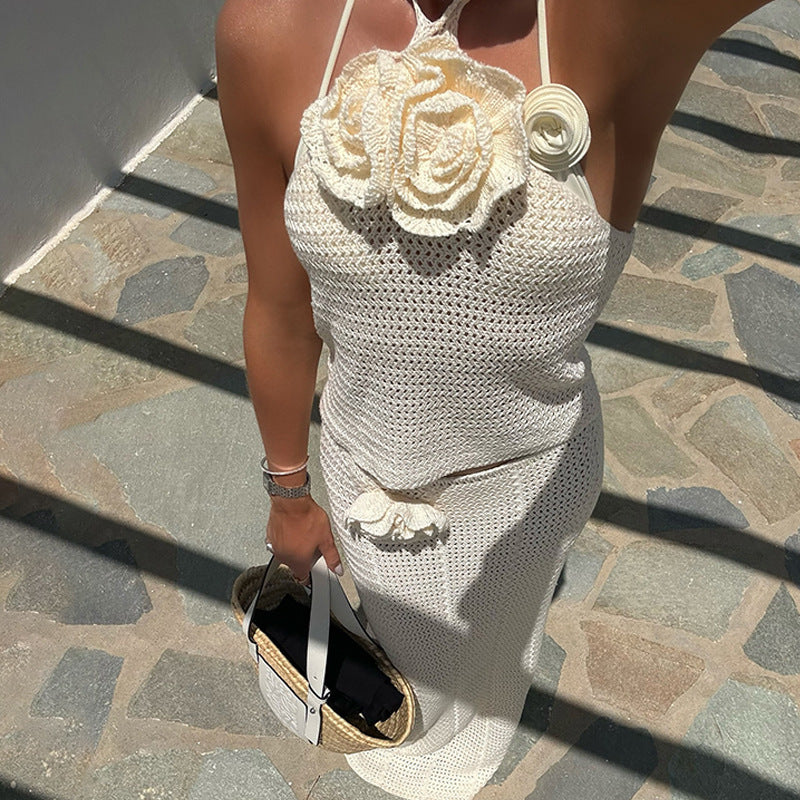 Damen elegantes gehäkeltes Strandensemble mit floralen Akzenten EB