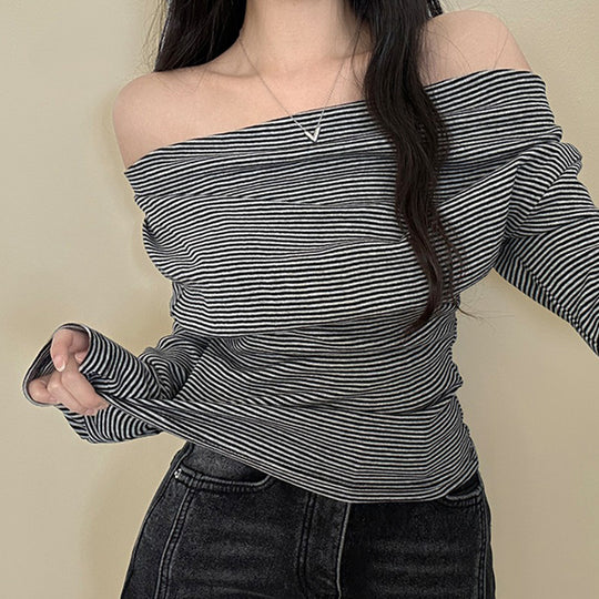 Damen nan asymmetrisches Off-Shoulder Langarmshirt mit taillierter Raffung und schmaler Stretch-Passform EB