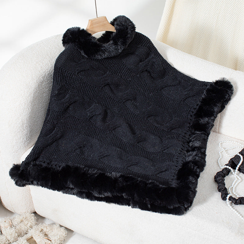Damen kuschelige Strick-Poncho mit weichem Kunstfellbesatz und Zopfmuster EB