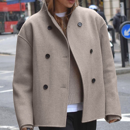Damen modische Wolljacke mit doppelter Knopfleiste und hohen Kragen EB