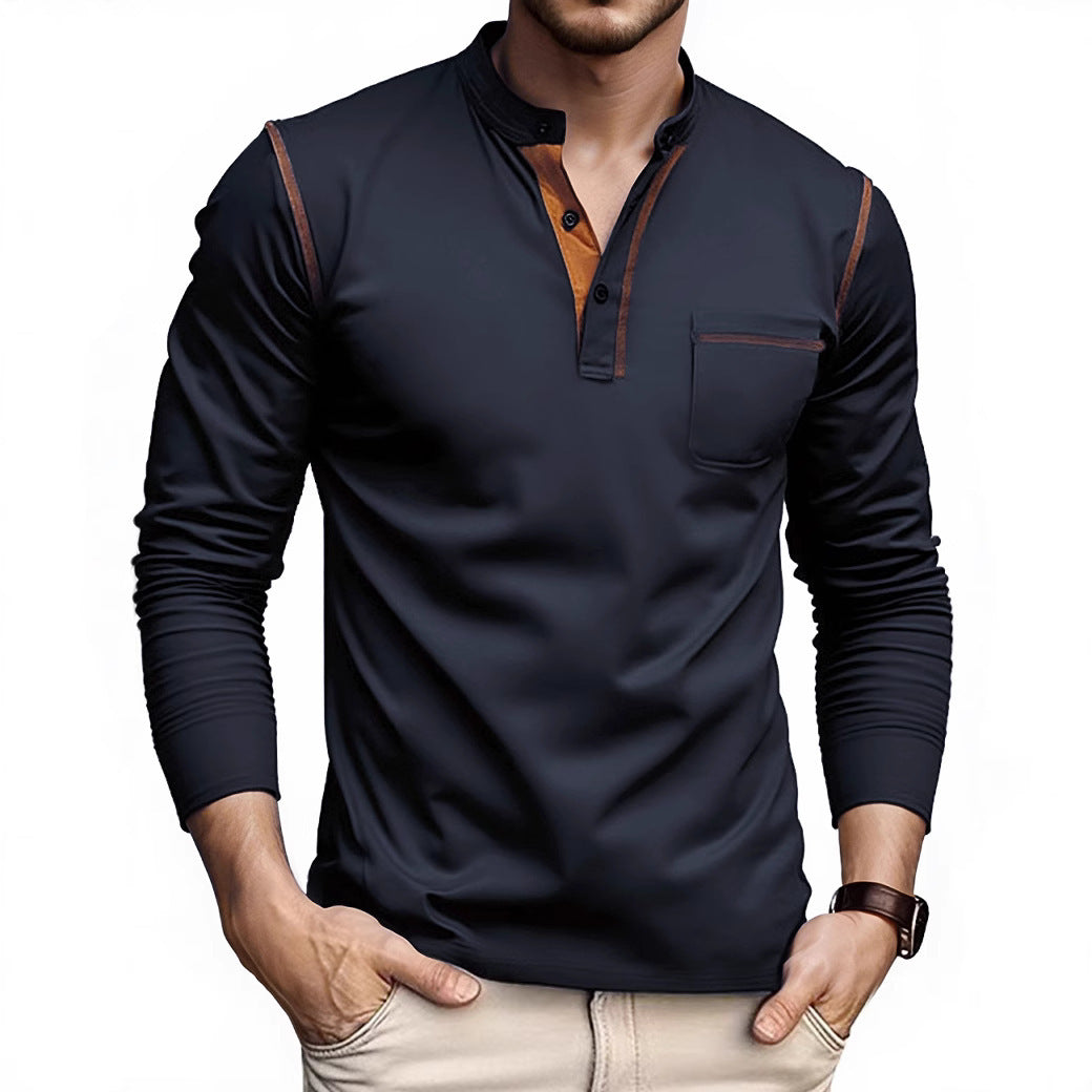Herren nan Langarmshirt mit kurzer Knopfleiste Brusttasche und kontrastierenden Ziernähten EB