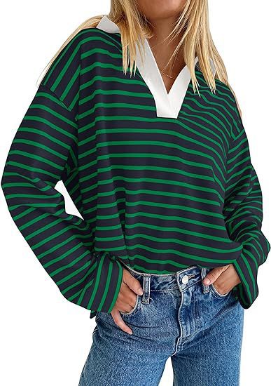 Damen Lässiges gestreiftes Sweatshirt mit V-Ausschnitt und langen Ärmeln EB