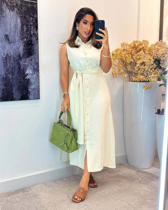 Damen Knielanges Hemdkleid mit Taillengürtel und elegantem V-Ausschnitt EB