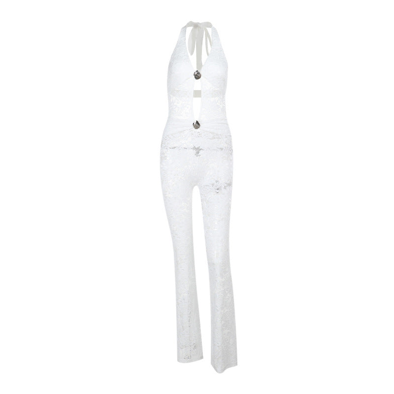 Damen eleganter Jumpsuit mit schicker Schnürung und transparentem Lacedesign EB