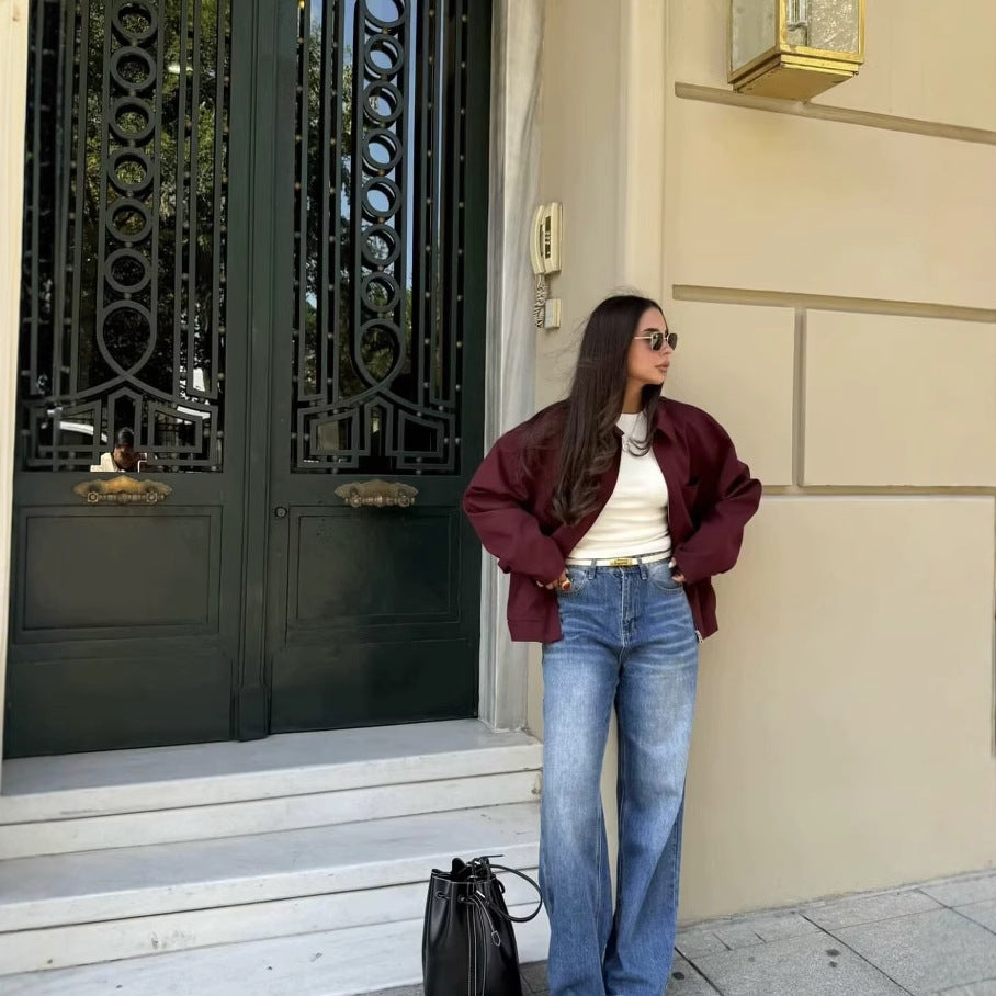 Damen langärmlige Utility-Jacke mit praktischen Taschen und hohem Kragen EB
