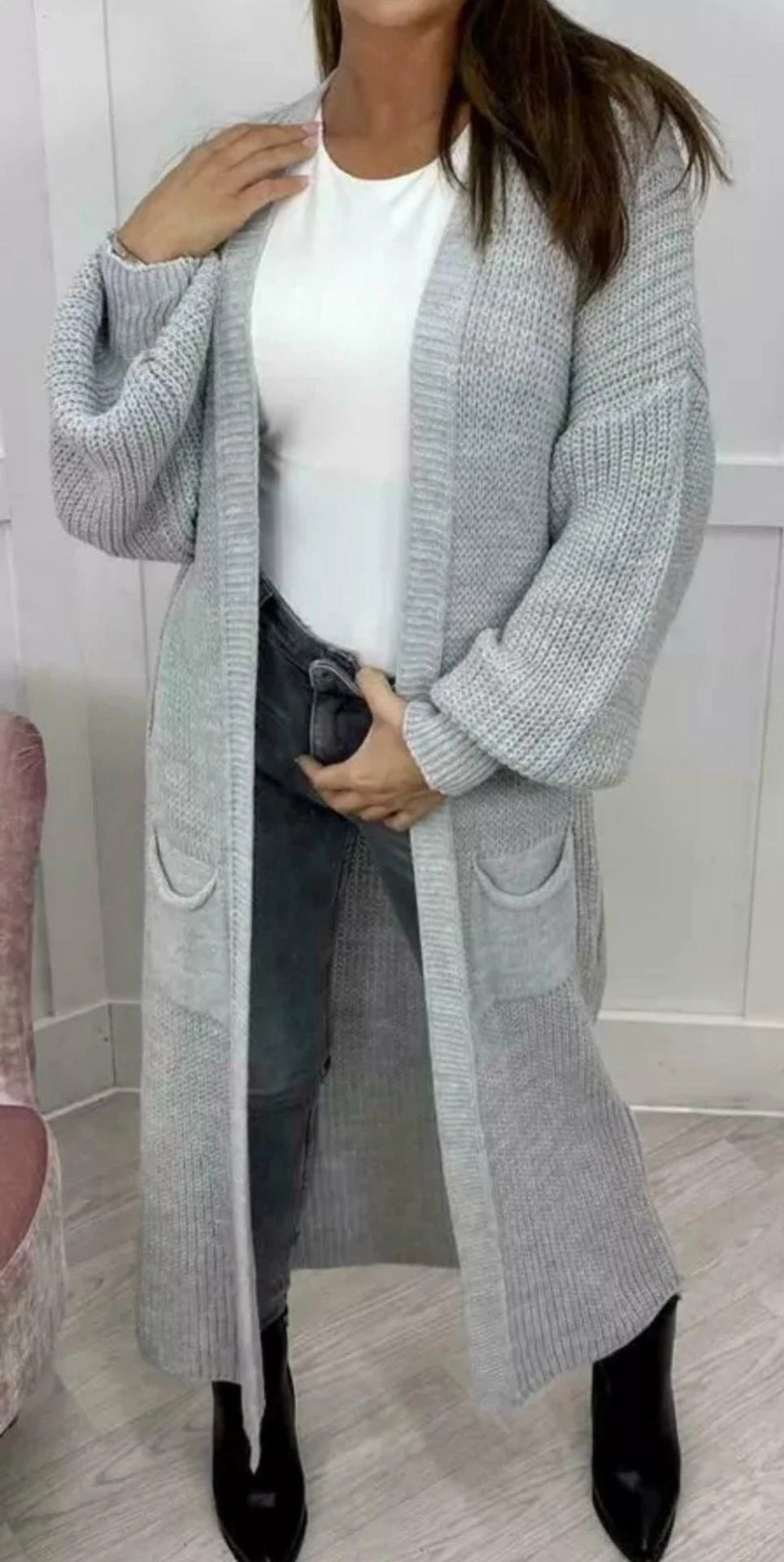 Damen Langer Strickcardigan mit strukturierter Maschenoptik und praktischen Taschen EB