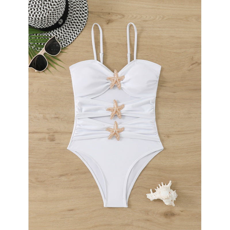 Damen eleganter Badeanzug mit einzigartigem Nackenansatz und glitzernden Sternenapplikationen EB