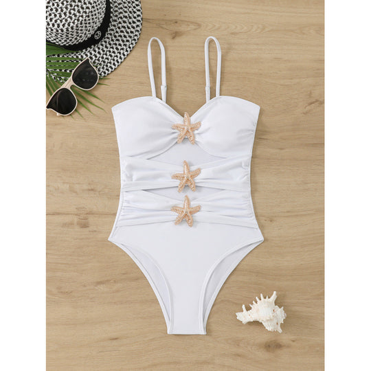 Damen eleganter Badeanzug mit einzigartigem Nackenansatz und glitzernden Sternenapplikationen EB