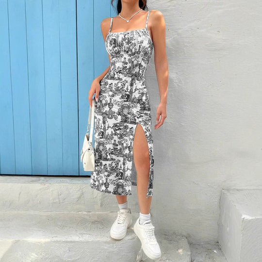 Damen Figurbetontes Maxikleid mit Blumenmuster und elegantem Schlitz EB