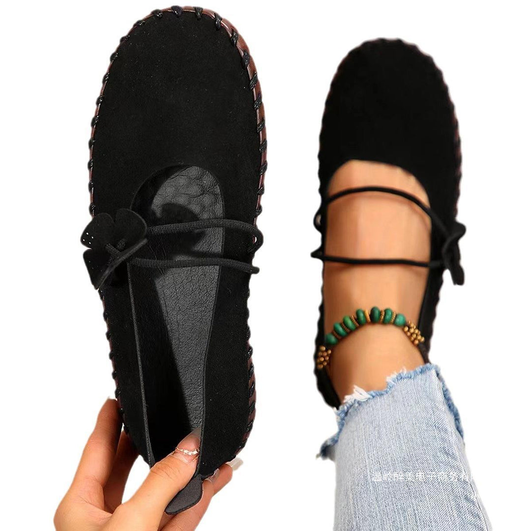 Damen nan handgenähte Ballerina-Mary-Jane mit Blütenapplikation und elastischem Doppelriemen EB