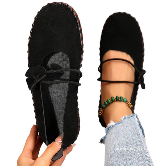 Damen nan handgenähte Ballerina-Mary-Jane mit Blütenapplikation und elastischem Doppelriemen EB