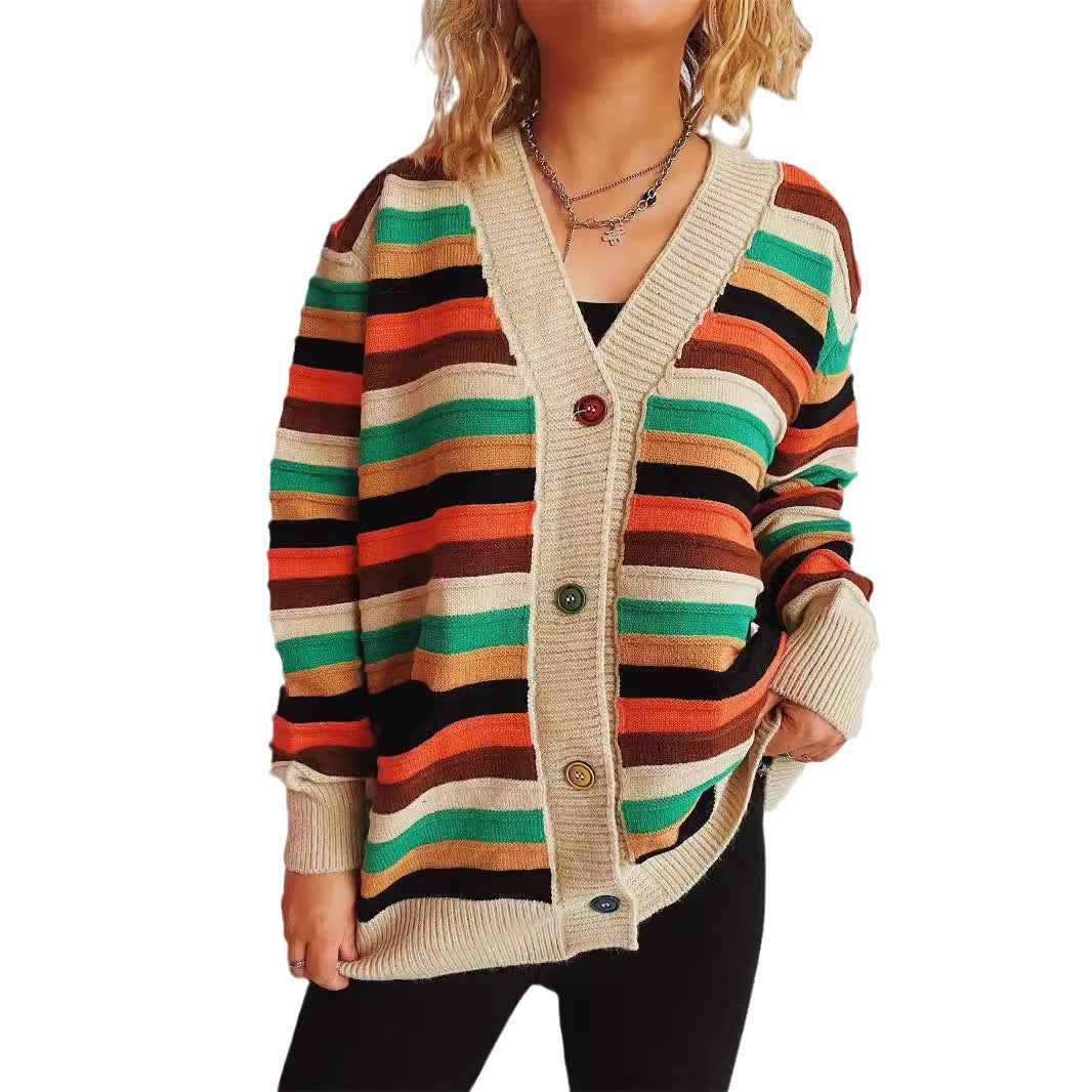 Damen Strickjacke mit buntem Streifenmuster und knöpfbarem Design EB